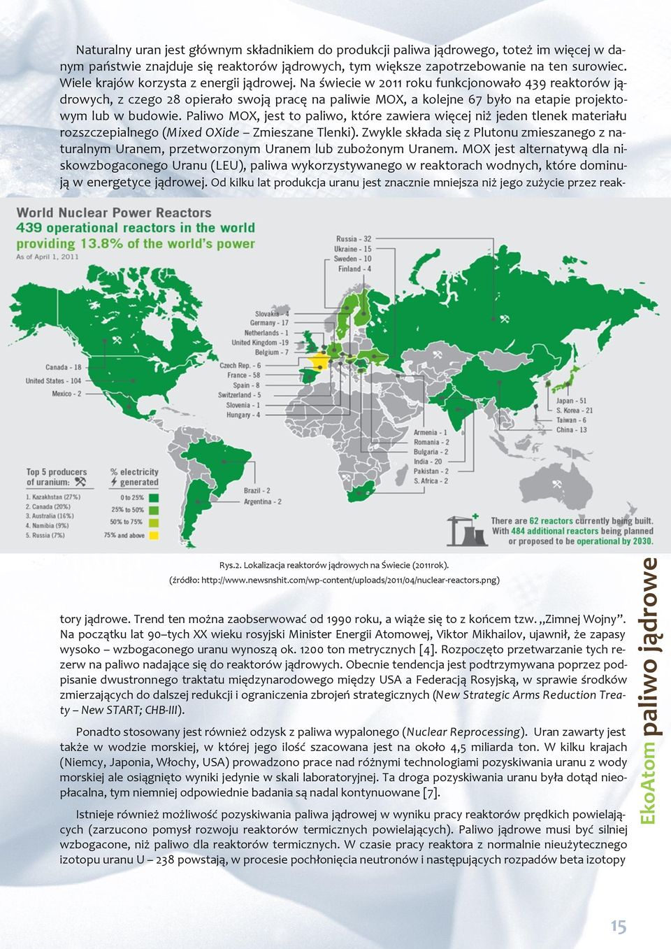 Na świecie w 2011 roku funkcjonowało 439 reaktorów jądrowych, z czego 28 opierało swoją pracę na paliwie MOX, a kolejne 67 było na etapie projektowym lub w budowie.