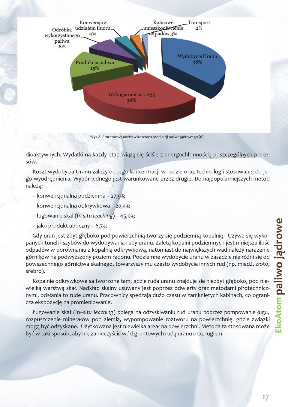 Do najpopularniejszych metod należą: konwencjonalna podziemna 27,9%; konwencjonalna odkrywkowa 20,4%; ługowanie skał (In-situ leaching) 45,0%; jako produkt uboczny 6,7%; Gdy uran jest zbyt głęboko