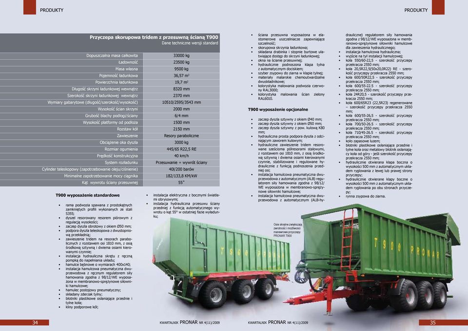 Obciążenie oka dyszla Rozmiar ogumienia Prędkość konstrukcyjna System rozładunku Cylinder teleskopowy (zapotrzebowanie oleju/ciśnienie) Minimalne zapotrzebowanie mocy ciągnika Kąt wywrotu ściany