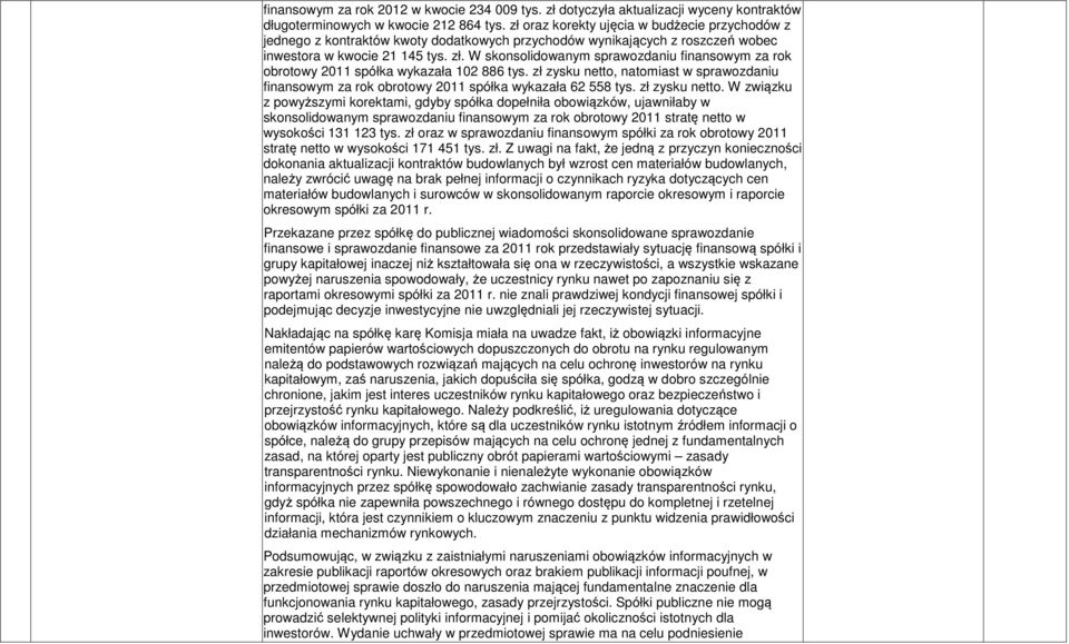 W skonsolidowanym sprawozdaniu finansowym za rok obrotowy 2011 spółka wykazała 102 886 tys. zł zysku netto, natomiast w sprawozdaniu finansowym za rok obrotowy 2011 spółka wykazała 62 558 tys.