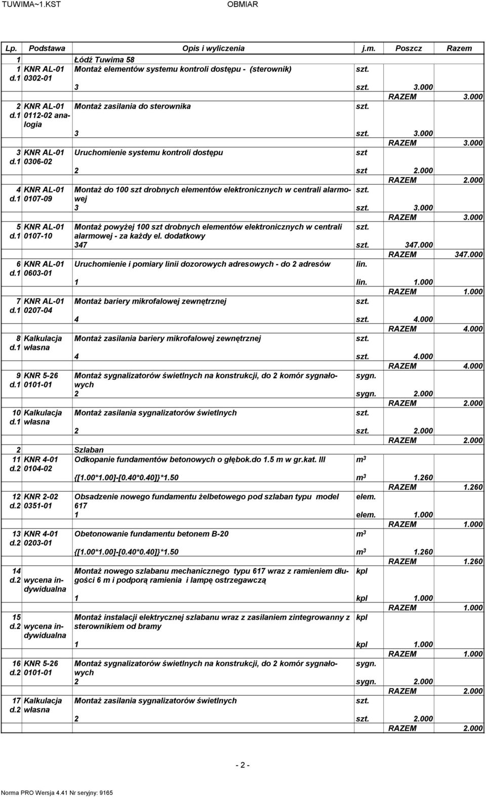 1 0107-09 3 3.000 3.000 5 KNR AL-01 Montaż powyżej 100 szt drobnych elementów elektronicznych w centrali d.1 0107-10 alarmowej - za każdy el. dodatkowy 347 347.000 347.