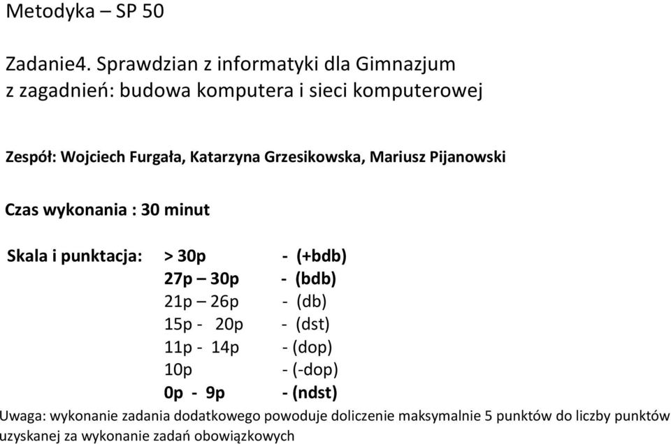 Katarzyna Grzesikowska, Mariusz Pijanowski Czas wykonania : 30 minut Skala i punktacja: > 30p - (+bdb) 27p 30p - (bdb)