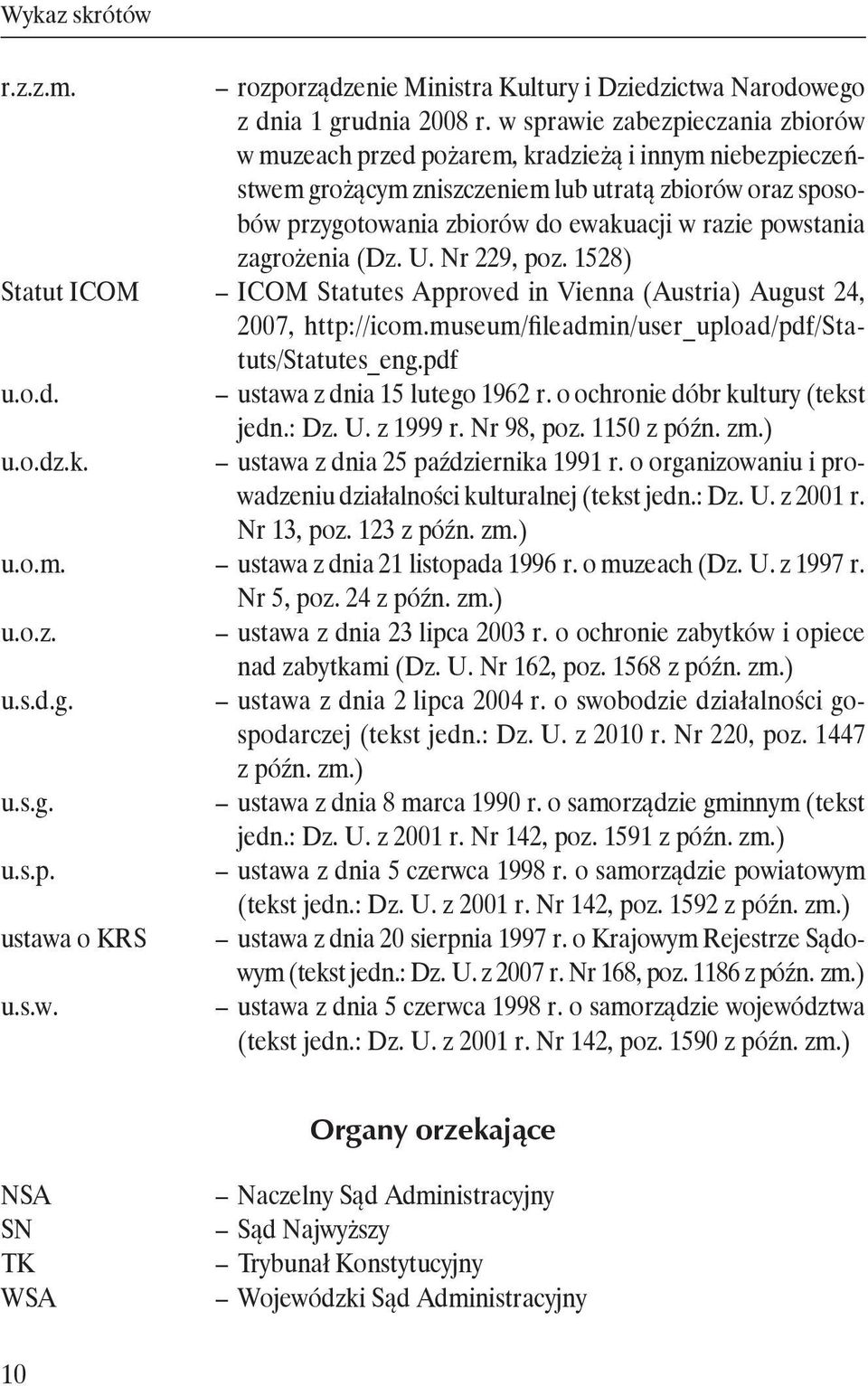 powstania zagrożenia (Dz. U. Nr 229, poz. 1528) Statut ICOM ICOM Statutes Approved in Vienna (Austria) August 24, 2007, http://icom.museum/fileadmin/user_upload/pdf/statuts/statutes_eng.pdf u.o.d. ustawa z dnia 15 lutego 1962 r.