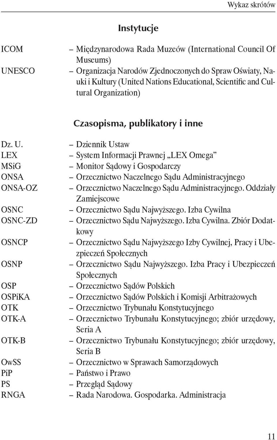 LEX MSiG ONSA ONSA-OZ OSNC OSNC-ZD OSNCP OSNP OSP OSPiKA OTK OTK-A OTK-B OwSS PiP PS RNGA Dziennik Ustaw System Informacji Prawnej LEX Omega Monitor Sądowy i Gospodarczy Orzecznictwo Naczelnego Sądu