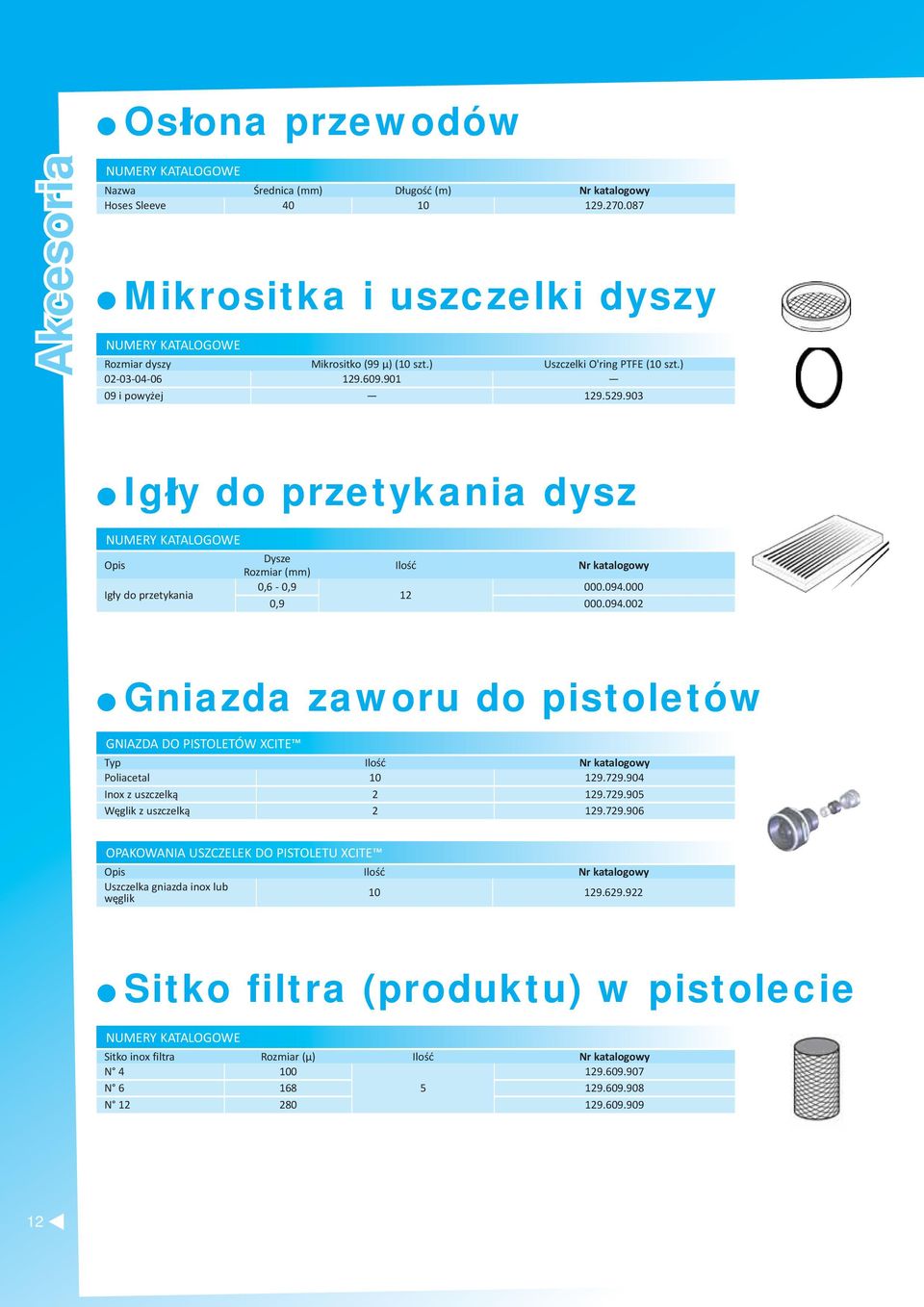 000 12 0,9 000.094.002 Gniazda zaworu do pistoletów GNIAZDA DO PISTOLETÓW XCITE Typ Ilość Poliacetal 10 129.729.