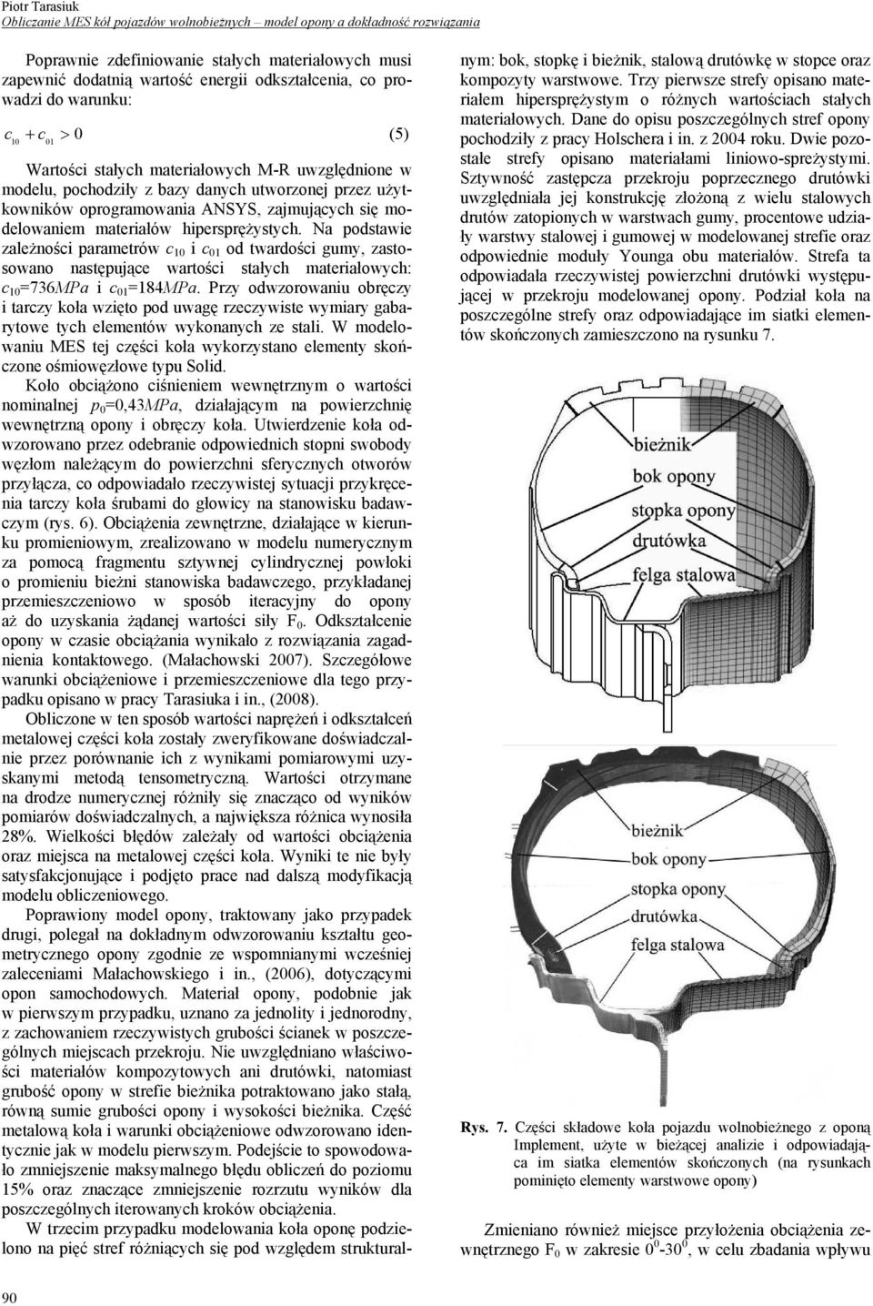 Na podstawie zależności parametrów c 10 i c 01 od twardości gumy, zastosowano następujące wartości stałych materiałowych: c 10 =736MPa i c 01 =184MPa.