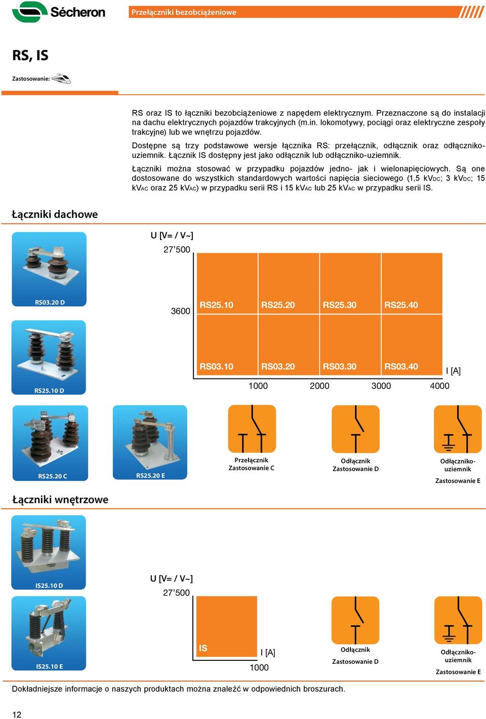 Dostępne są trzy podstawowe wersje łącznika RS: przełącznik, odłącznik oraz odłącznikouziemnik. Łącznik IS dostępny jest jako odłącznik lub odłączniko-uziemnik.
