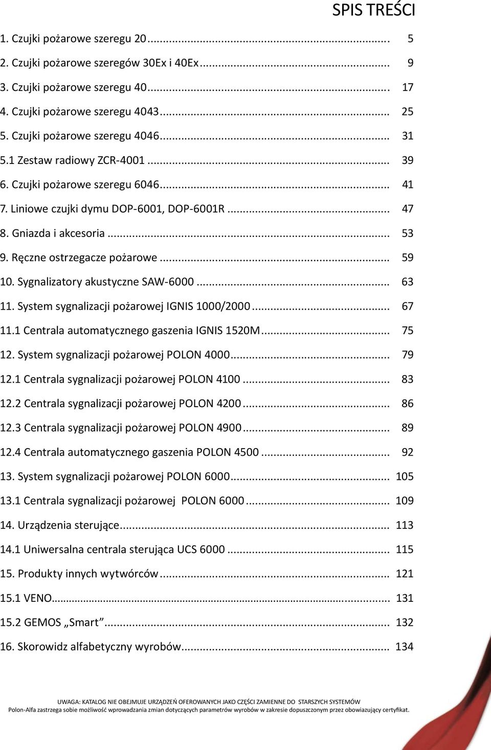 Sygnalizatory akustyczne SAW-6000... 63 11. System sygnalizacji pożarowej IGNIS 1000/2000... 67 11.1 Centrala automatycznego gaszenia IGNIS 1520M... 75 12. System sygnalizacji pożarowej POLON 4000.