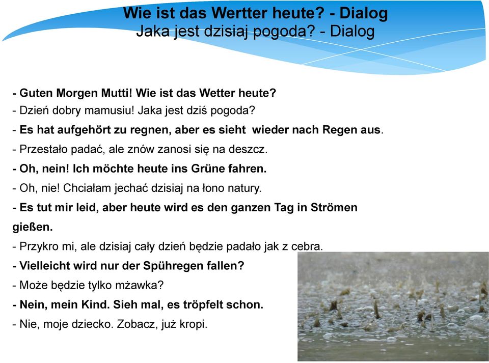 - Oh, nie! Chciałam jechać dzisiaj na łono natury. - Es tut mir leid, aber heute wird es den ganzen Tag in Strömen gießen.