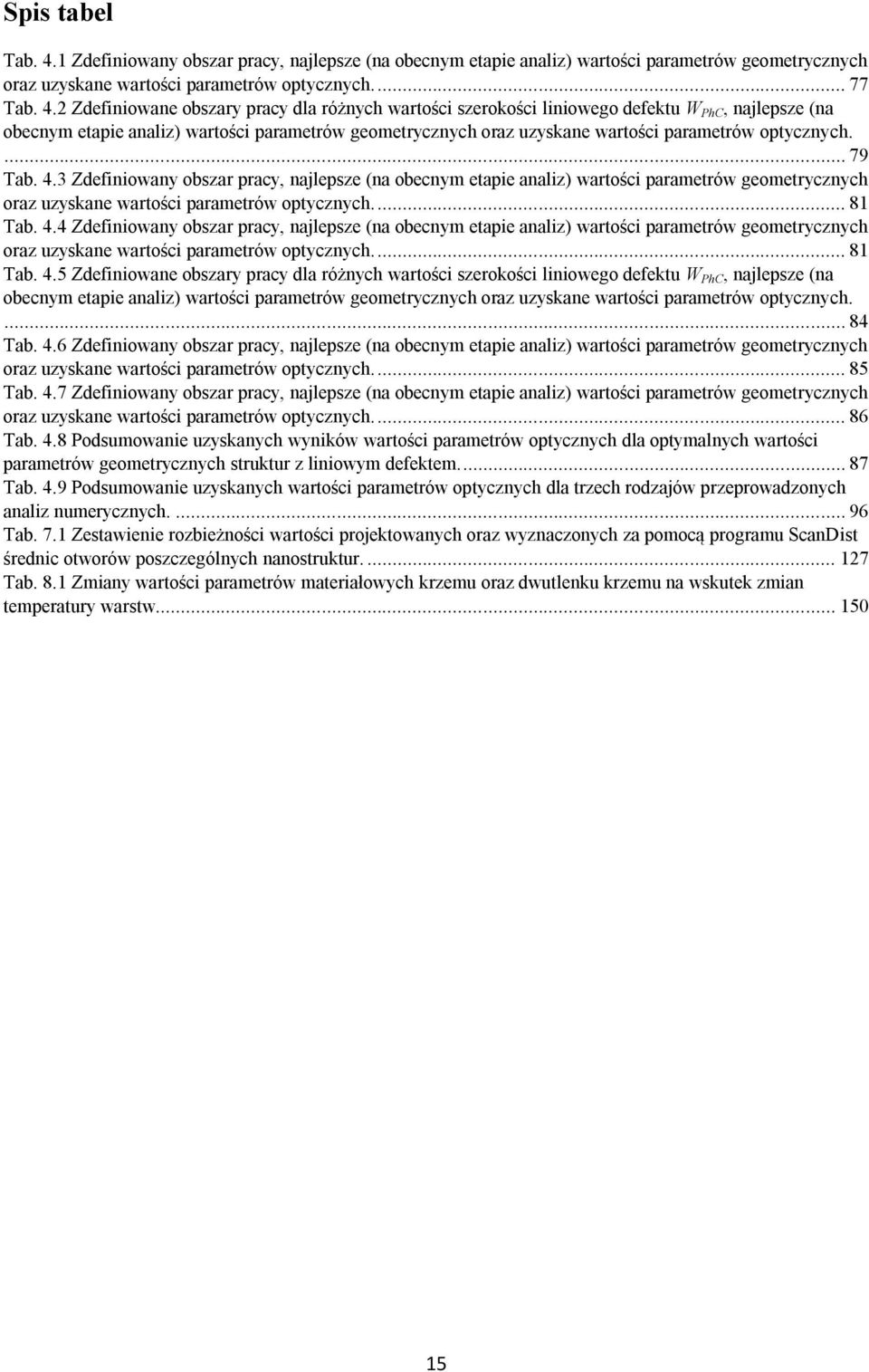 2 Zdefiniowane obszary pracy dla różnych wartości szerokości liniowego defektu W PhC, najlepsze (na obecnym etapie analiz) wartości parametrów geometrycznych oraz uzyskane wartości parametrów