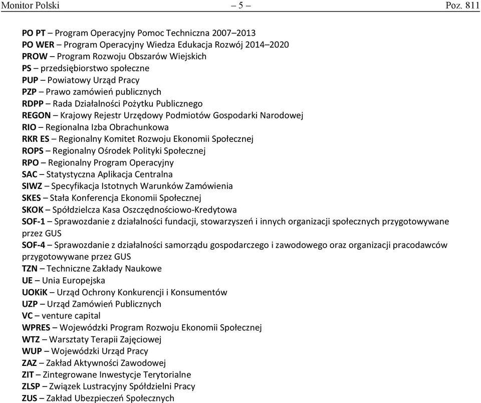 Urząd Pracy PZP Prawo zamówień publicznych RDPP Rada Działalności Pożytku Publicznego REGON Krajowy Rejestr Urzędowy Podmiotów Gospodarki Narodowej RIO Regionalna Izba Obrachunkowa RKR ES Regionalny