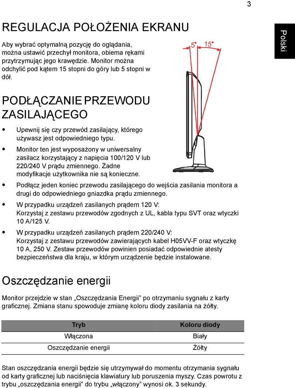 Monitor ten jest wyposażony w uniwersalny zasilacz korzystający z napięcia 100/120 V lub 220/240 V prądu zmiennego. Żadne modyfikacje użytkownika nie są konieczne.