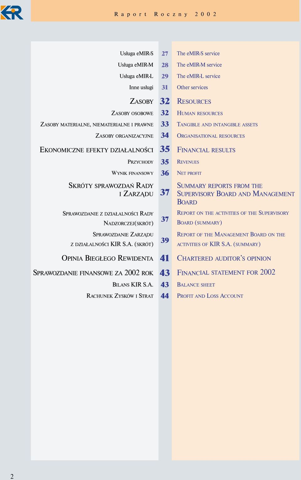 A. RACHUNEK ZYSKÓW I STRAT 27 28 29 31 32 32 33 34 35 35 36 37 37 39 41 43 43 44 The emir-s service The emir-m service The emir-l service Other services RESOURCES HUMAN RESOURCES TANGIBLE AND