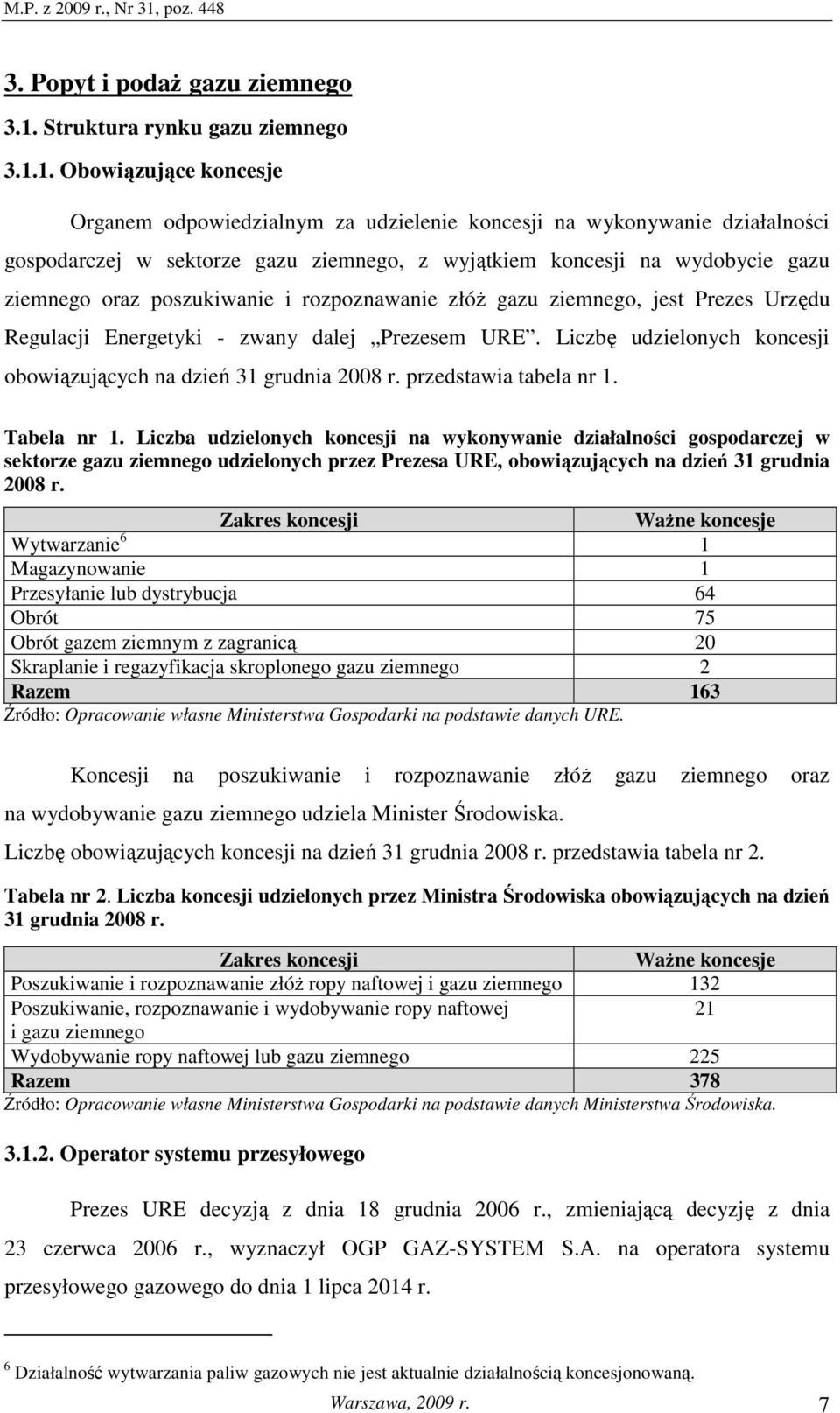 1. Obowiązujące koncesje Organem odpowiedzialnym za udzielenie koncesji na wykonywanie działalności gospodarczej w sektorze gazu ziemnego, z wyjątkiem koncesji na wydobycie gazu ziemnego oraz