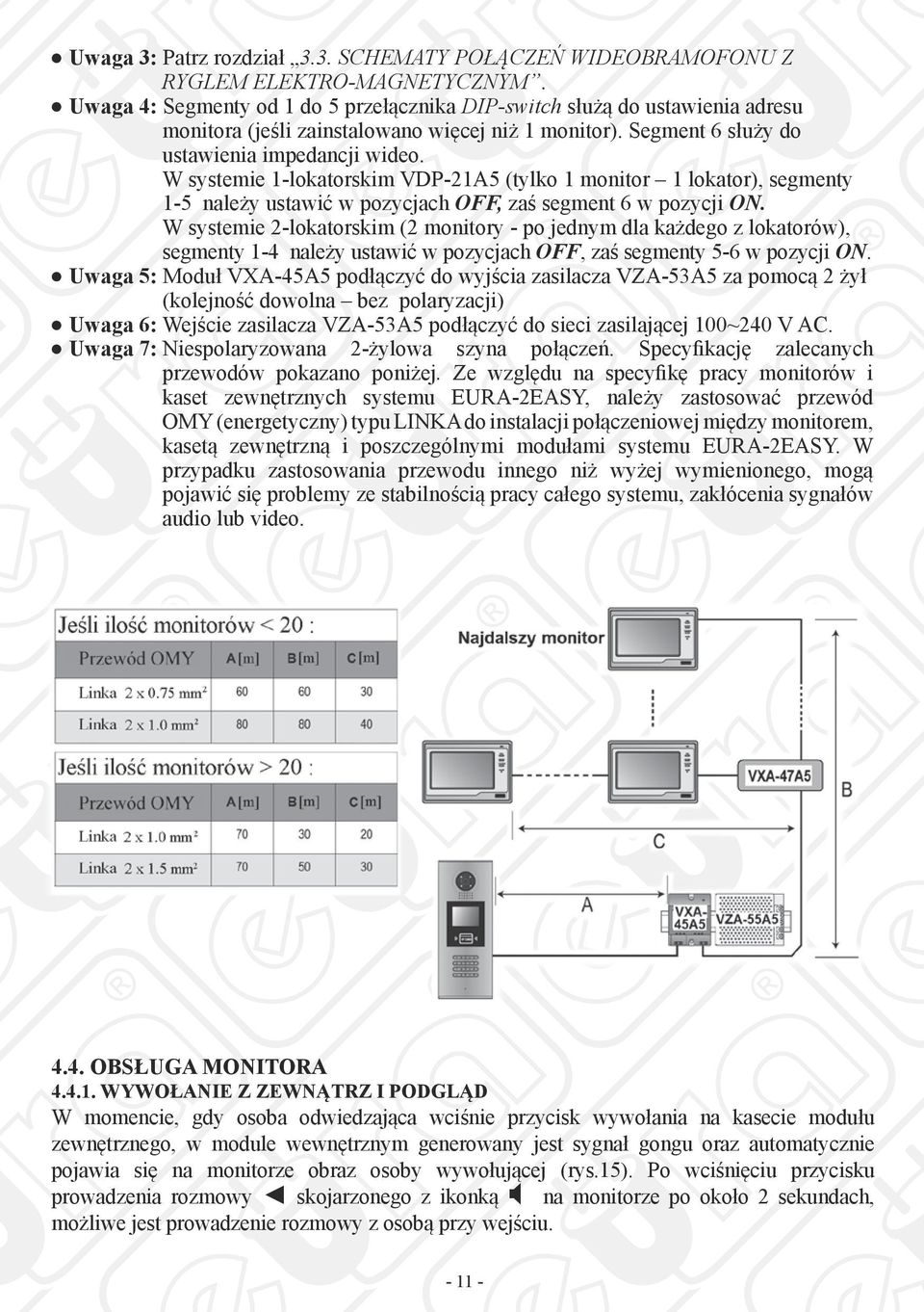 W systemie 1-lokatorskim VDP-21A5 (tylko 1 monitor 1 lokator), segmenty 1-5 należy ustawić w pozycjach OFF, zaś segment 6 w pozycji ON.