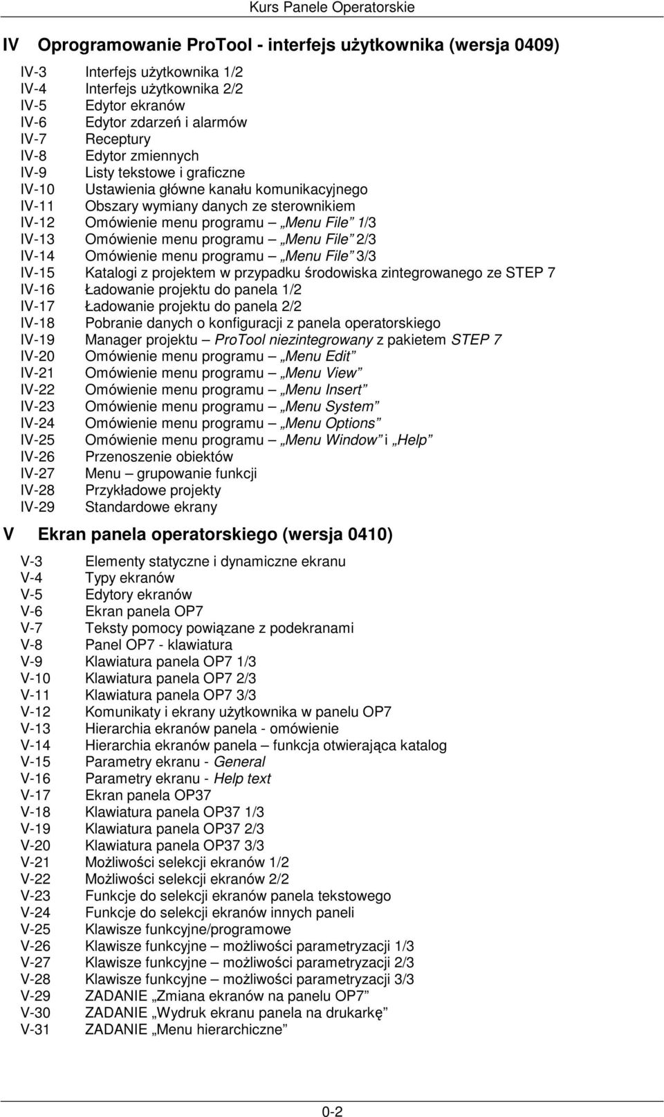 programu Menu File 2/3 IV-14 Omówienie menu programu Menu File 3/3 IV-15 Katalogi z projektem w przypadku rodowiska zintegrowanego ze STEP 7 IV-16 Ładowanie projektu do panela 1/2 IV-17 Ładowanie