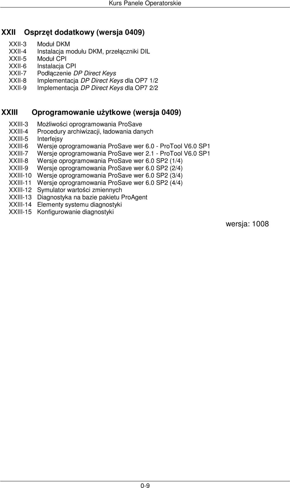 danych XXIII-5 Interfejsy XXIII-6 Wersje oprogramowania ProSave wer 6.0 - ProTool V6.0 SP1 XXIII-7 Wersje oprogramowania ProSave wer 2.1 - ProTool V6.0 SP1 XXIII-8 Wersje oprogramowania ProSave wer 6.