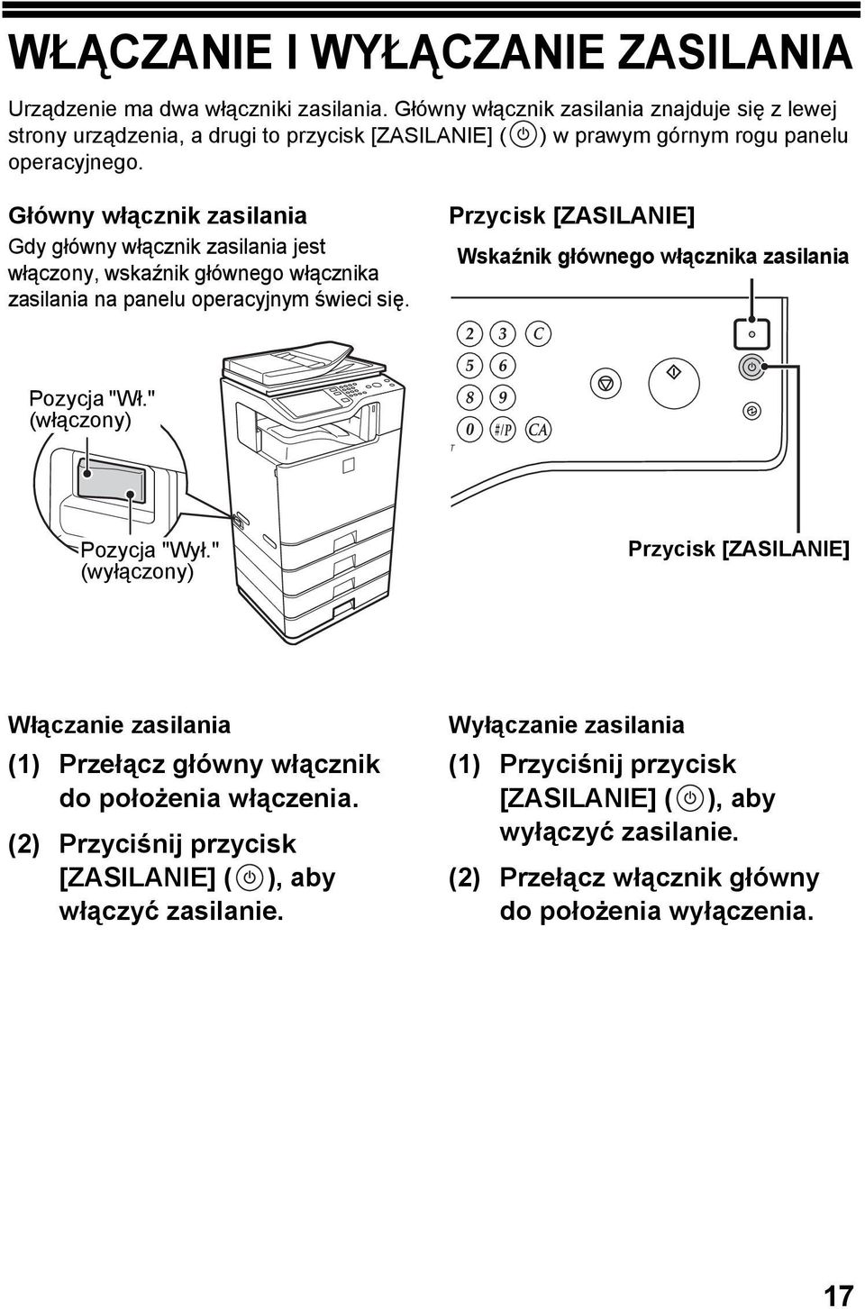 Główny włącznik zasilania Gdy główny włącznik zasilania jest włączony, wskaźnik głównego włącznika zasilania na panelu operacyjnym świeci się.