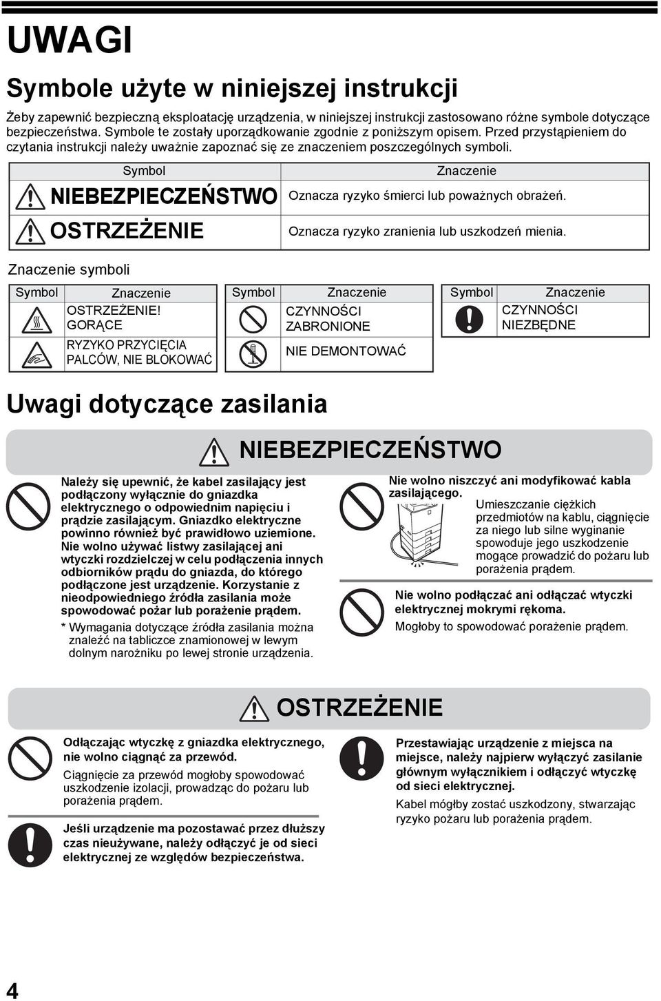 Symbol NIEBEZPIECZEŃSTWO OSTRZEŻENIE Znaczenie symboli Uwagi dotyczące zasilania Znaczenie Oznacza ryzyko śmierci lub poważnych obrażeń. Oznacza ryzyko zranienia lub uszkodzeń mienia.