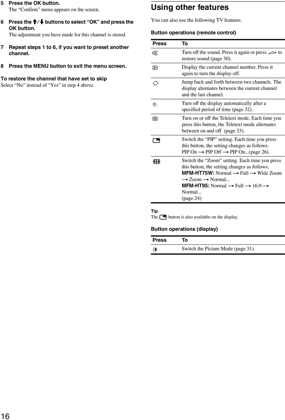 Using other features You can also use the following TV features. Button operations (remote control) Press To Turn off the sound. Press it again or press 2+ to restore sound (page 30).