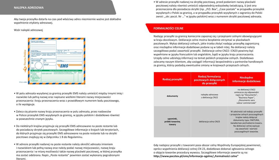 posiadacza skrytki (np. P.O. Box, Case postale w przypadku przesyłek wysyłanych z Polski za granicę, a w przypadku przesyłek wysyłanych z zagranicy do Polski zwrot:,,skr. poczt.