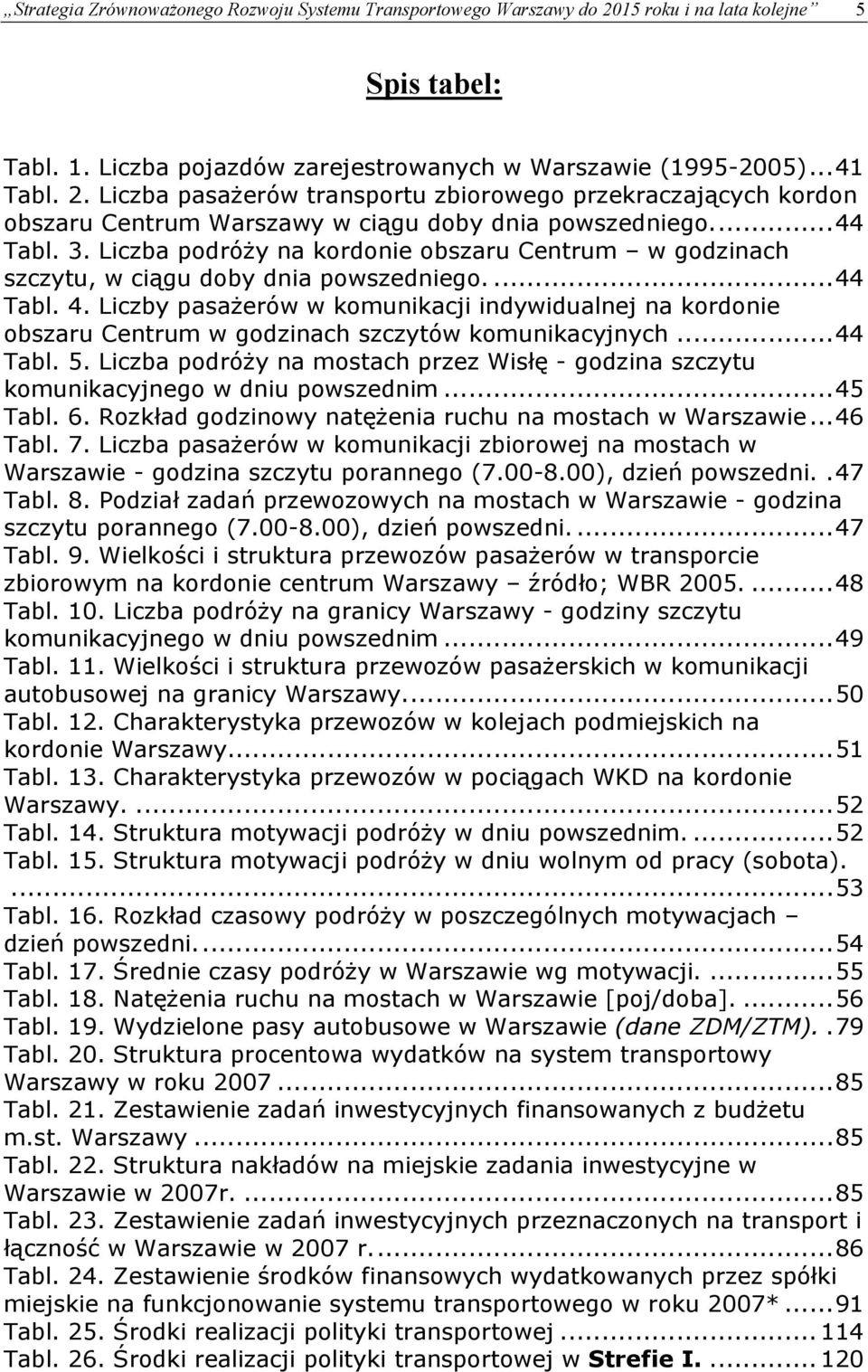 Liczby pasażerów w komunikacji indywidualnej na kordonie obszaru Centrum w godzinach szczytów komunikacyjnych...44 Tabl. 5.