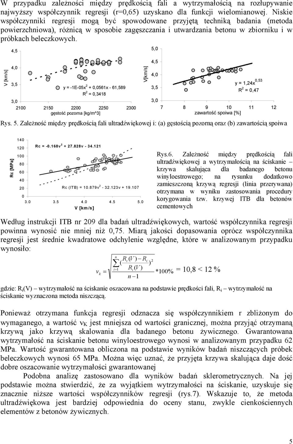 V [km/s] 4, 4, 3, y = -1E-x 2 +,61x - 61,89 R 2 =,3418 3, 21 2 22 23 gęstość pozorna [kg/m^3] V[km/s], 4, 4, 3, 3, y = 1,24x,3 R 2 =,47 7 8 9 11 zawartość spoiwa [%] Rys.