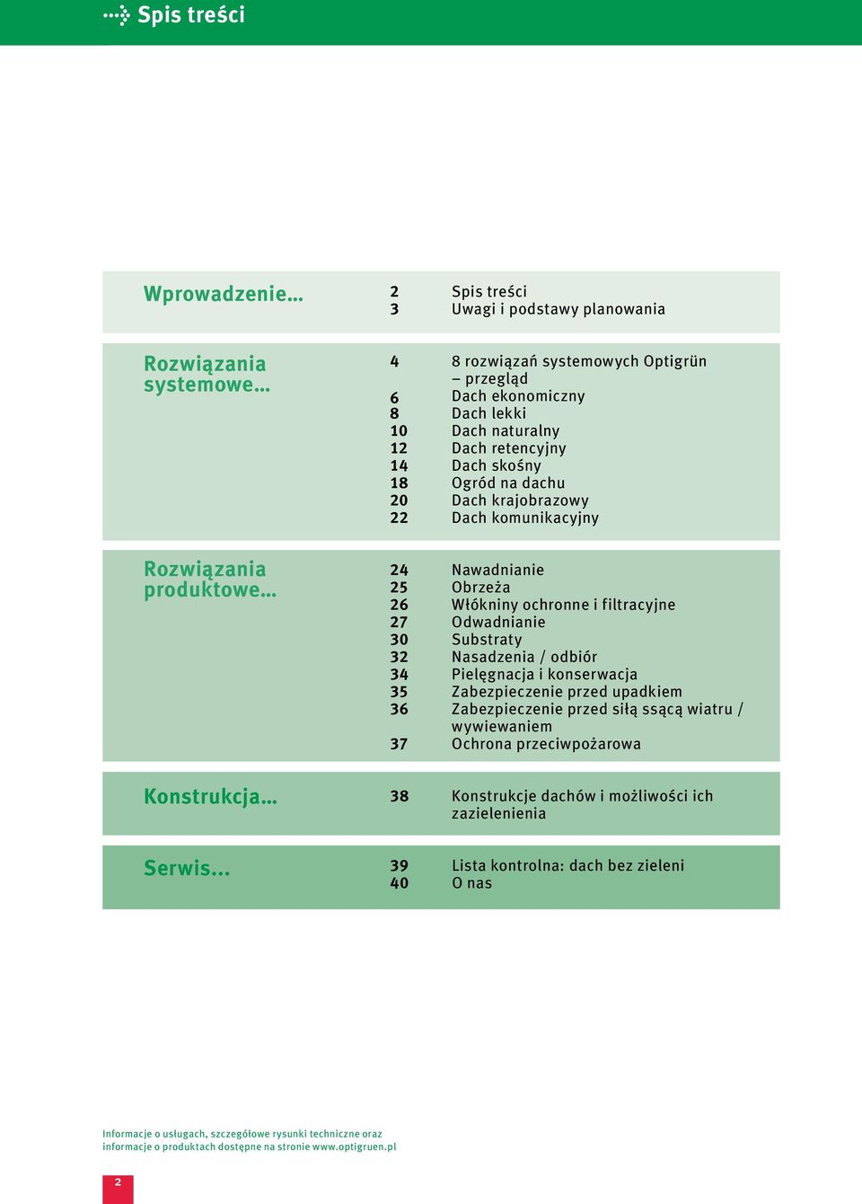 Nawadnianie 5 Obrzeża 6 Włókniny ochronne i filtracyjne 7 Odwadnianie 0 Substraty Nasadzenia / odbiór 4 Pielęgnacja i konserwacja 5 Zabezpieczenie przed upadkiem 6 Zabezpieczenie przed siłą