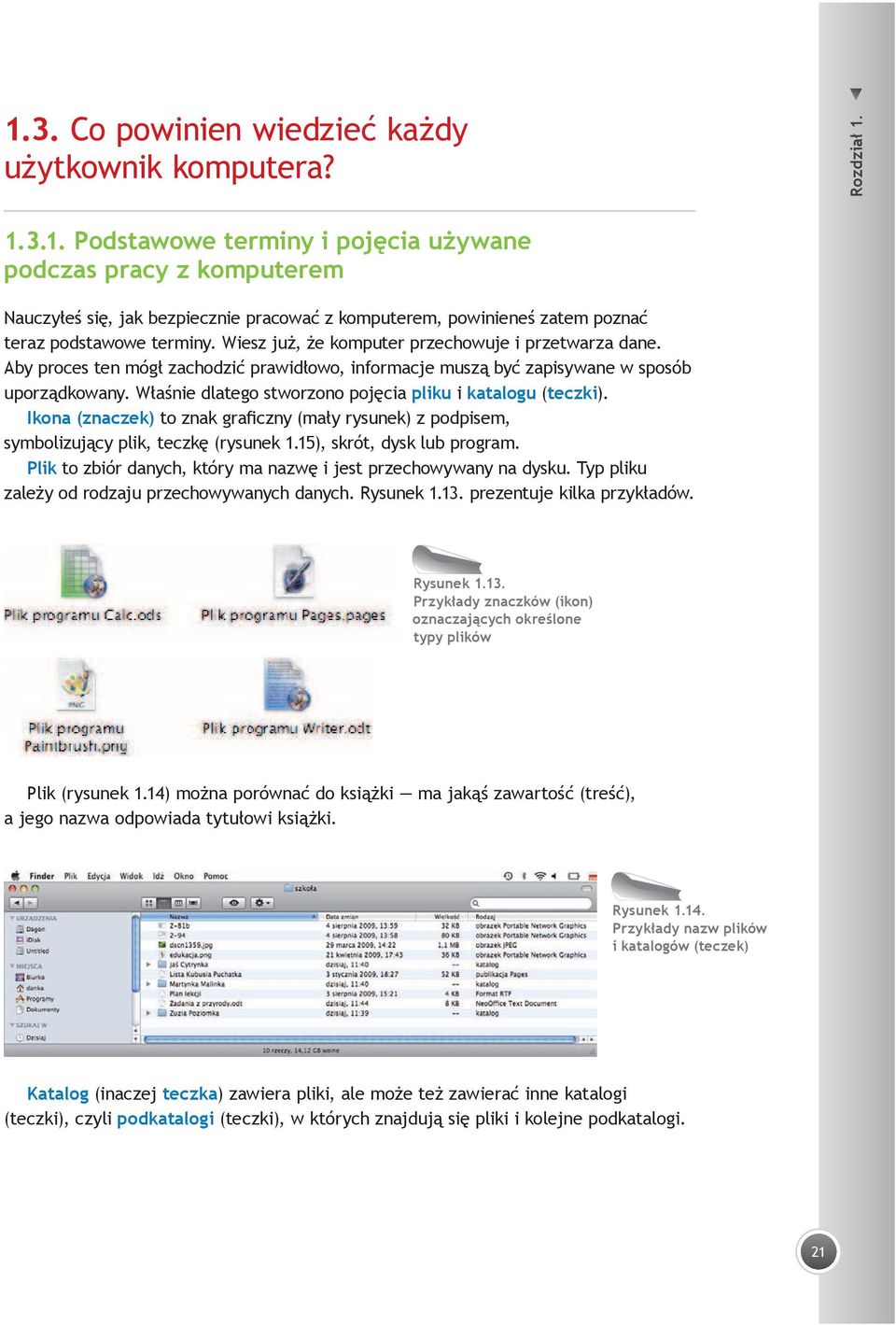Właśnie dlatego stworzono pojęcia pliku i katalogu (teczki). Ikona (znaczek) to znak graficzny (mały rysunek) z podpisem, symbolizujący plik, teczkę (rysunek 1.15), skrót, dysk lub program.