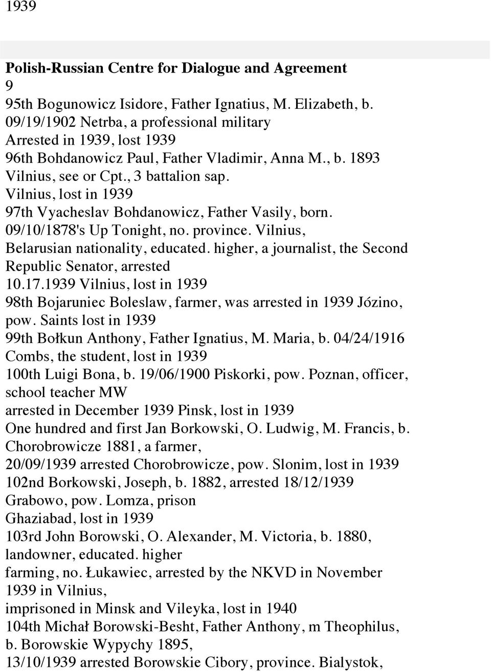 higher, a journalist, the Second Republic Senator, arrested 10.17. Vilnius, lost in 98th Bojaruniec Boleslaw, farmer, was arrested in Józino, pow.