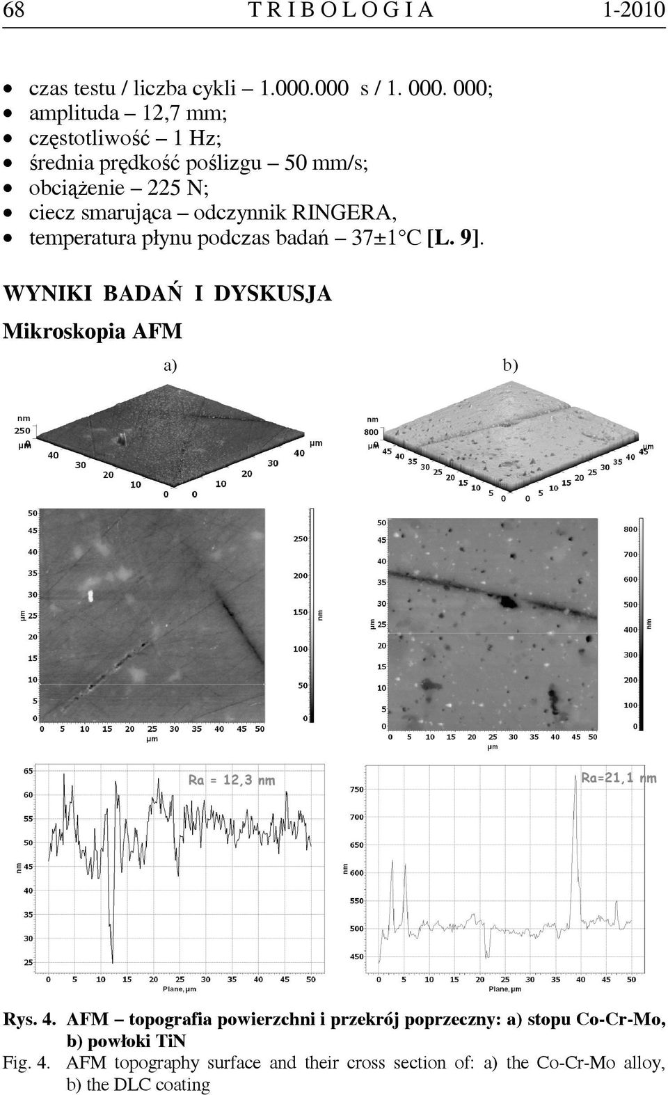 RINGERA, temperatura płynu podczas badań 37±1 C [L. 9]. WYNIKI BADAŃ I DYSKUSJA Mikroskopia AFM a) b) Ra = 12,3 nm Ra=21,1 nm Rys.