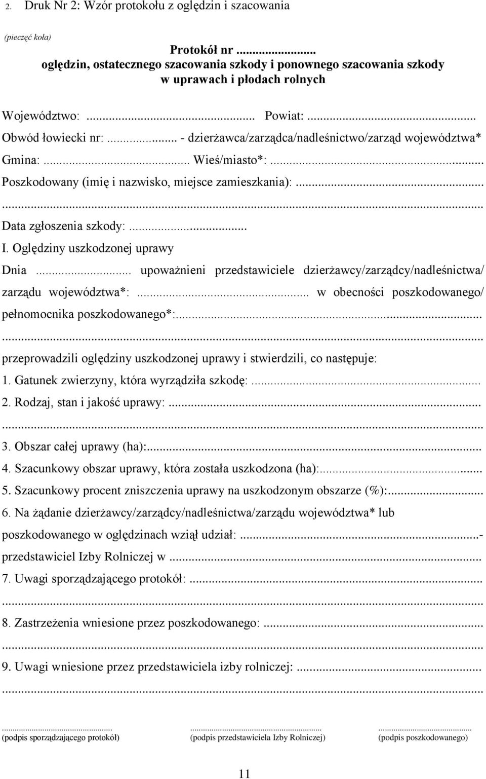 .. I. Oględziny uszkodzonej uprawy Dnia... upoważnieni przedstawiciele dzierżawcy/zarządcy/nadleśnictwa/ zarządu województwa*:... w obecności poszkodowanego/ pełnomocnika poszkodowanego*:.