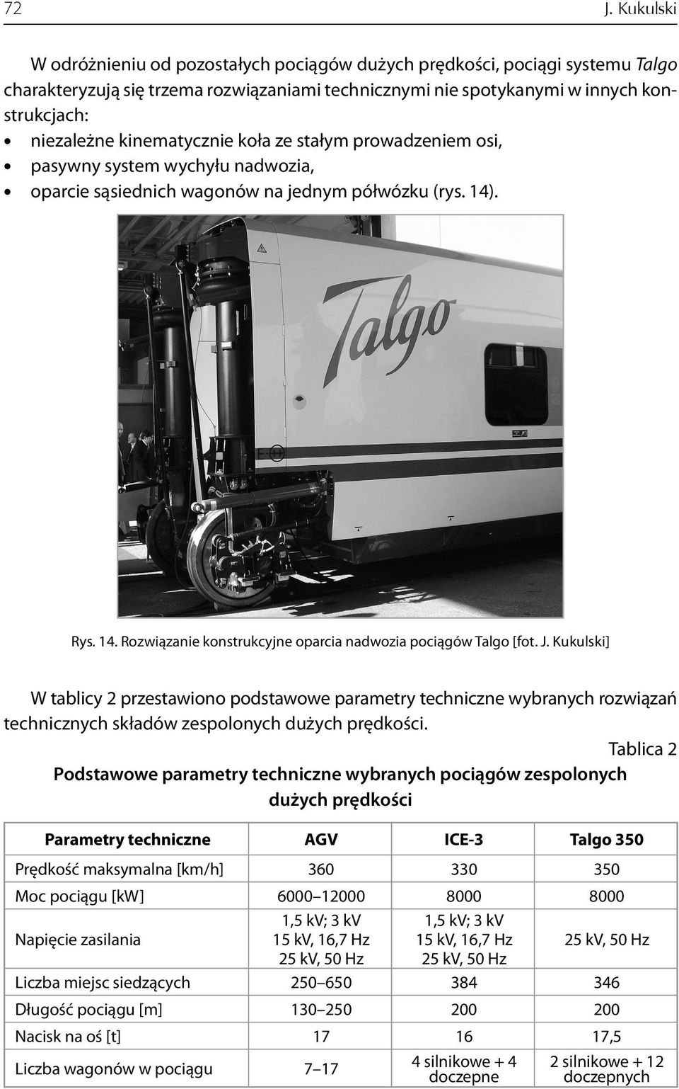 J. Kukulski] W tablicy 2 przestawiono podstawowe parametry techniczne wybranych rozwiązań technicznych składów zespolonych dużych prędkości.