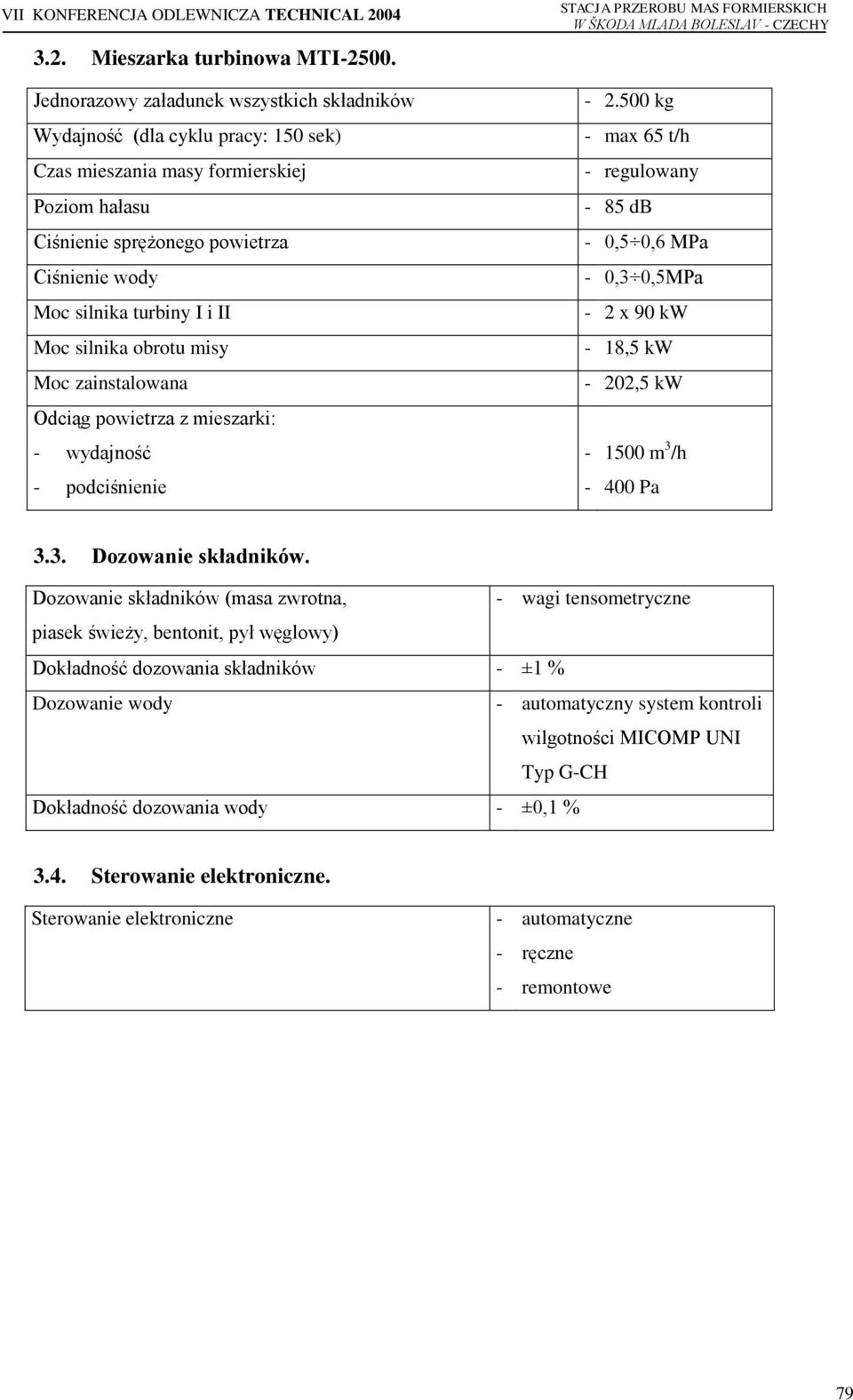 II Moc silnika obrotu misy Moc zainstalowana Odciąg powietrza z mieszarki: - wydajność - podciśnienie - 2.