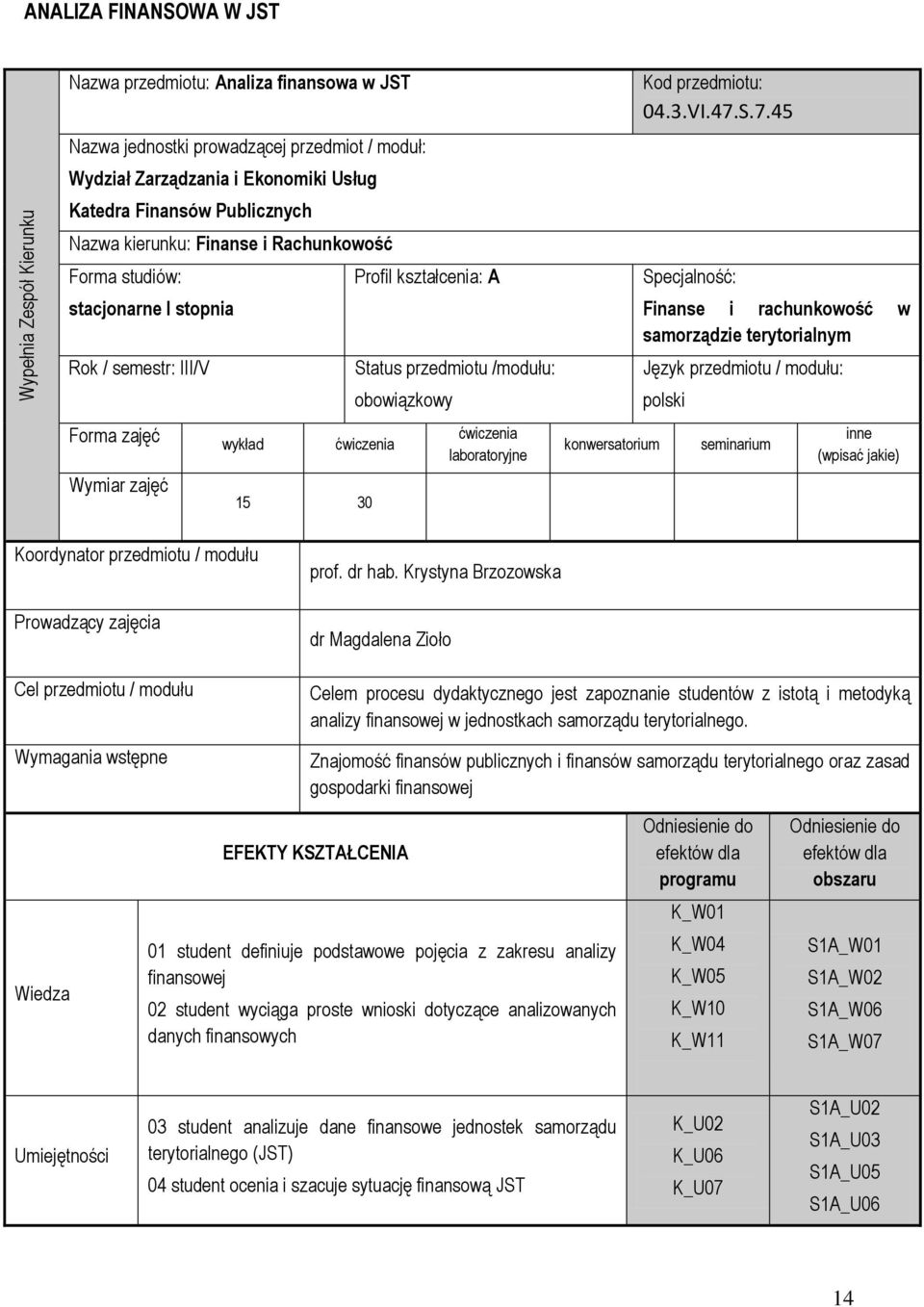 /modułu: obowiązkowy ćwiczenia laboratoryjne konwersatorium Kod przedmiotu: 04.3.VI.47.