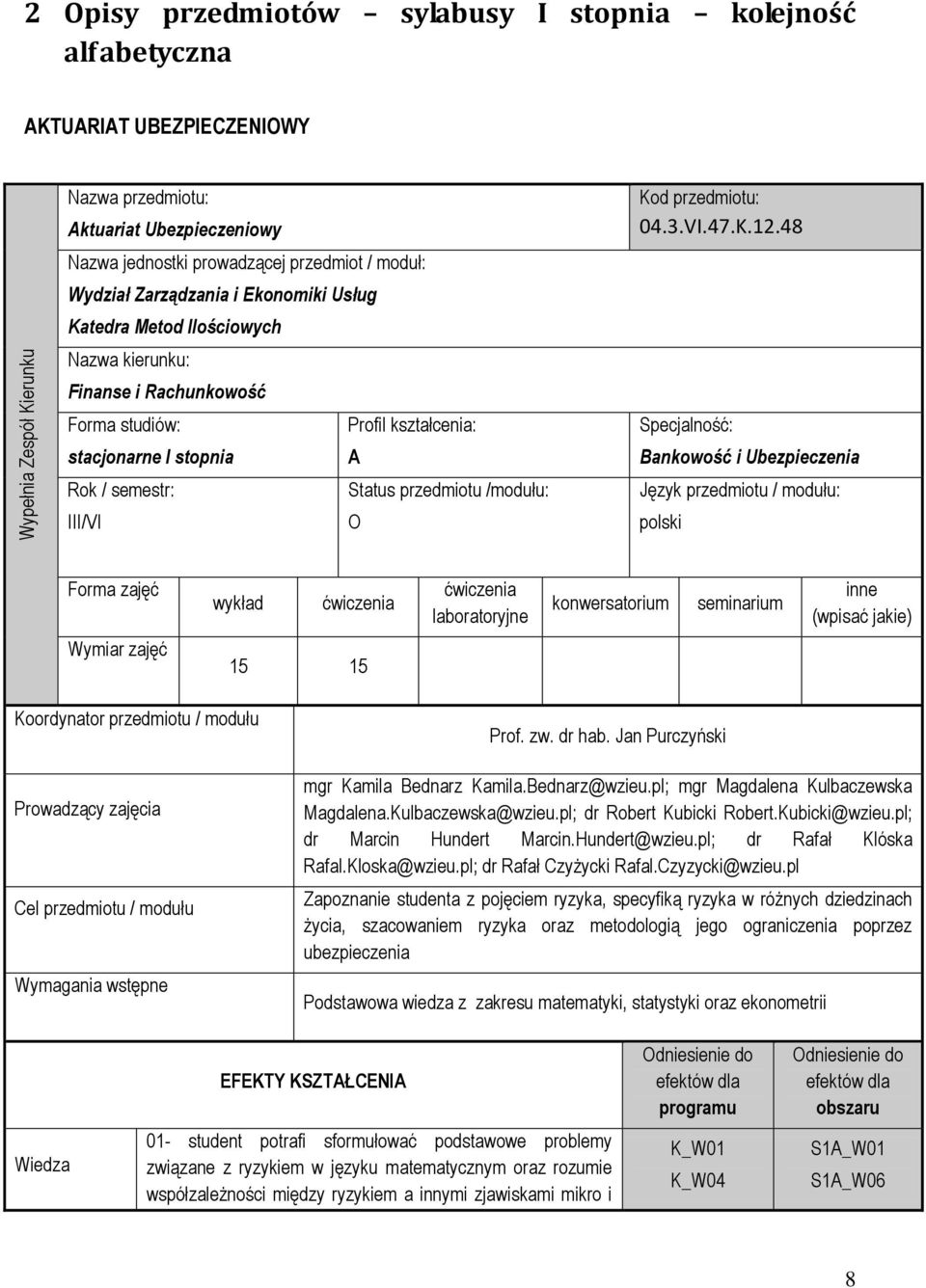 przedmiotu /modułu: III/VI O Kod przedmiotu: 04.3.VI.47.K.12.