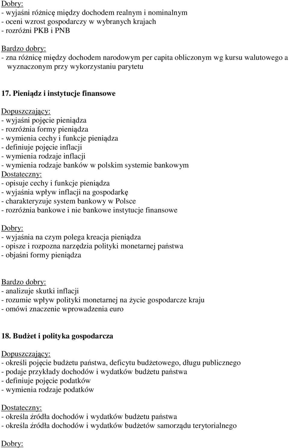 Pieniądz i instytucje finansowe - wyjaśni pojęcie pieniądza - rozróżnia formy pieniądza - wymienia cechy i funkcje pieniądza - definiuje pojęcie inflacji - wymienia rodzaje inflacji - wymienia