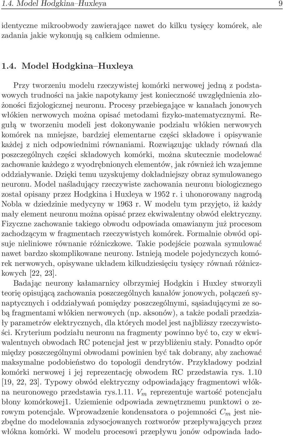 Regułą w tworzeniu modeli jest dokonywanie podziału włókien nerwowych komórek na mniejsze, bardziej elementarne części składowe i opisywanie każdej z nich odpowiednimi równaniami.