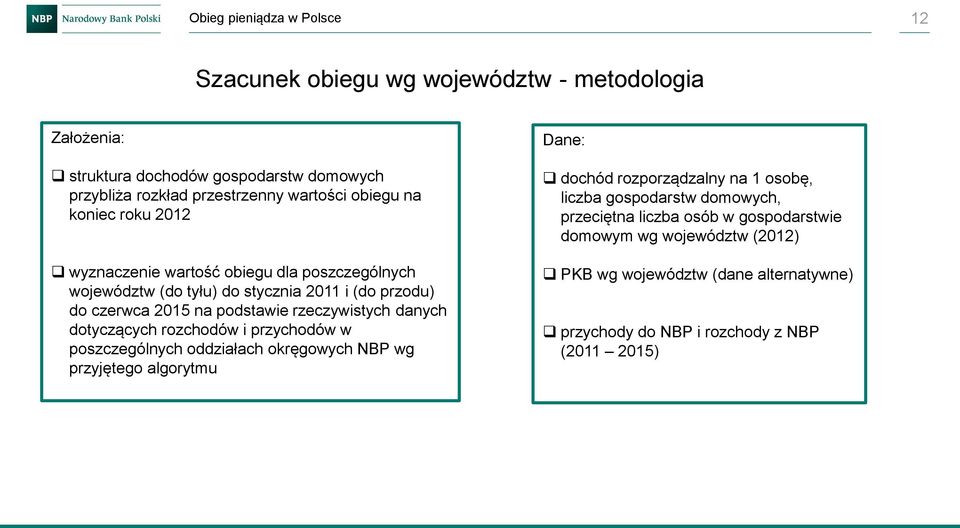 rzeczywistych danych dotyczących rozchodów i przychodów w poszczególnych oddziałach okręgowych NBP wg przyjętego algorytmu Dane: dochód rozporządzalny na 1 osobę,