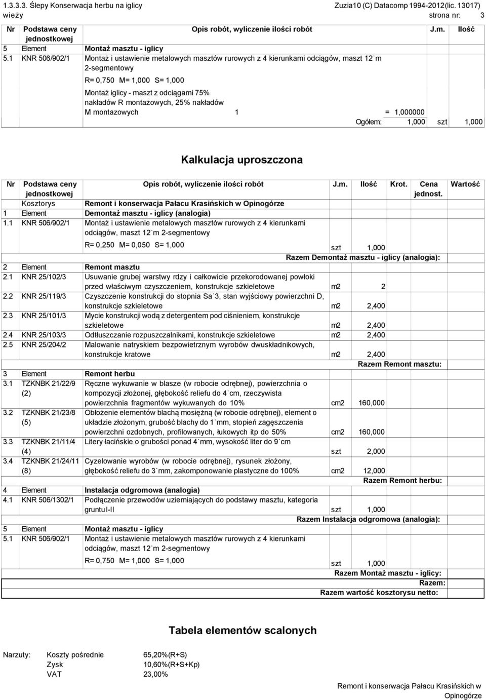 montażowych, 25% nakładów M montazowych 1 = 1,000000 Ogółem: 1,000 szt 1,000 Kalkulacja uproszczona Nr Podstawa ceny Opis robót, wyliczenie ilości robót J.m. Ilość Krot. Cena jednost.