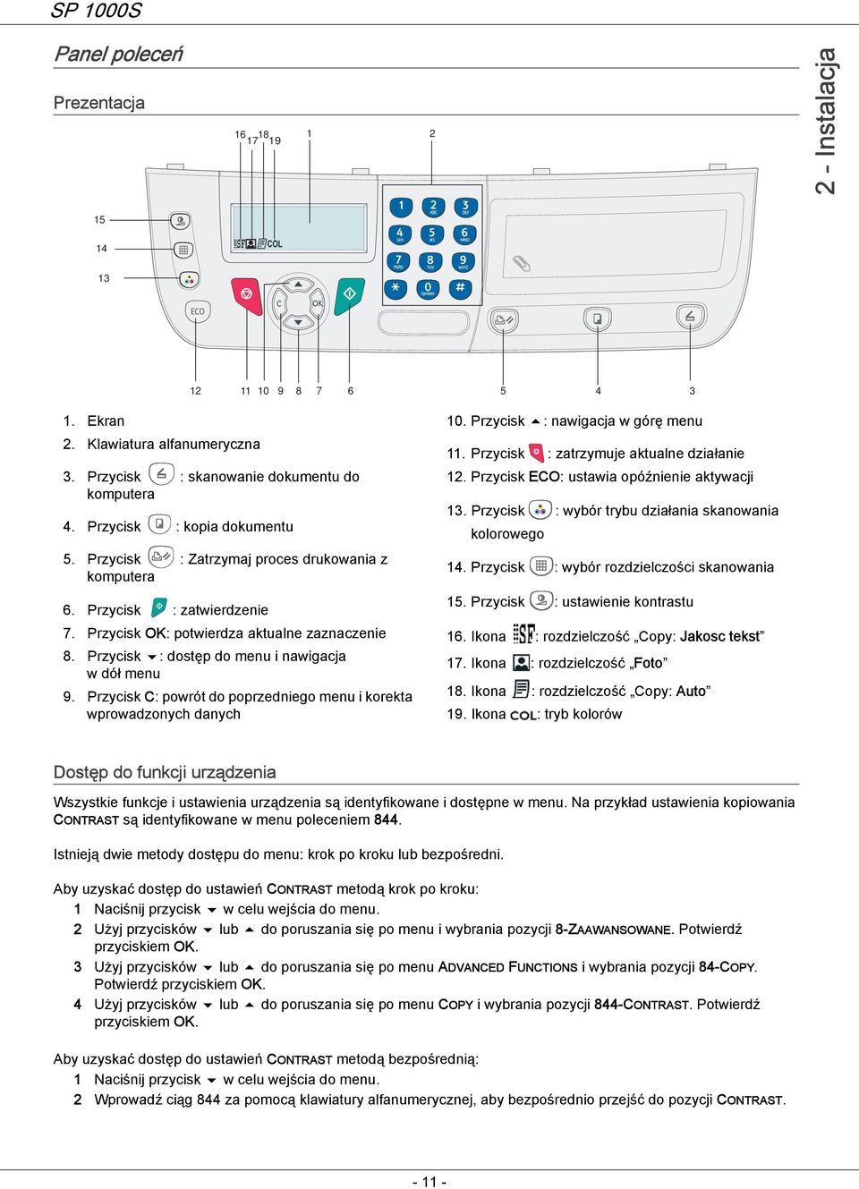 Przycisk : dostęp do menu i nawigacja w dół menu 9. Przycisk C: powrót do poprzedniego menu i korekta wprowadzonych danych 10. Przycisk : nawigacja w górę menu 11.