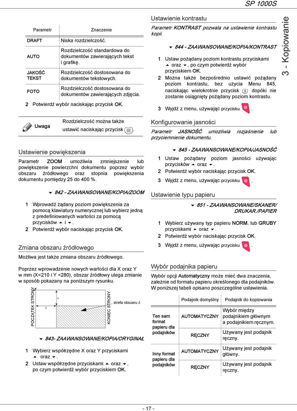 844 - ZAAWANSOWANE/KOPIA/KONTRAST 1 Ustaw pożądany poziom kontrastu przyciskami oraz, po czym potwierdź wybór przyciskiem OK.