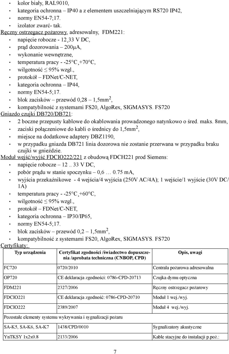 , protokół FDNet/C-NET, kategoria ochronna IP44, normy EN54-5;17. blok zacisków przewód 0,28 1,5mm 2, kompatybilność z systemami FS20, AlgoRex, SIGMASYS.