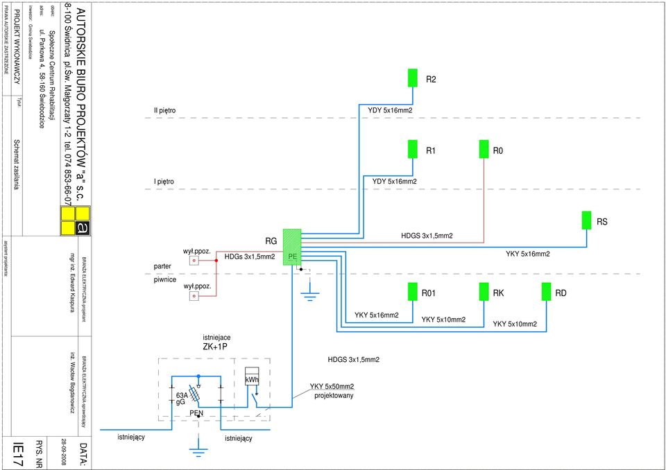 074 853-66-07 II pi tro I pi tro YDY 5x16mm2 YDY 5x16mm2 R2 R1 R0 RS asystent projektanta: mgr in. Edward Kaspura in.