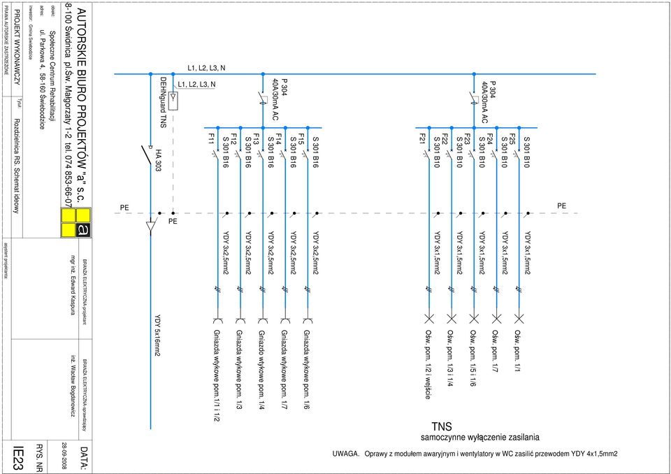 074 853-66-07 PE DEHNguard TNS HA 303 L1, L2, L3, N L1, L2, L3, N F12 F11 F13 P 304 40A/30mA AC F14 F15 F21 F22 F23 P 304 40A/30mA AC F24 F25 PE PE asystent projektanta: mgr in. Edward Kaspura in.