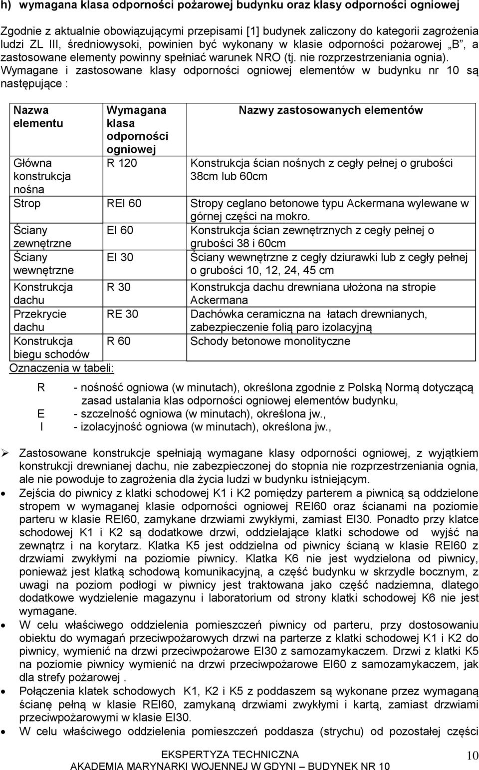 Wymagane i zastosowane klasy odporności ogniowej elementów w budynku nr 10 są następujące : Nazwa elementu Główna konstrukcja nośna Wymagana klasa odporności ogniowej R 120 Nazwy zastosowanych