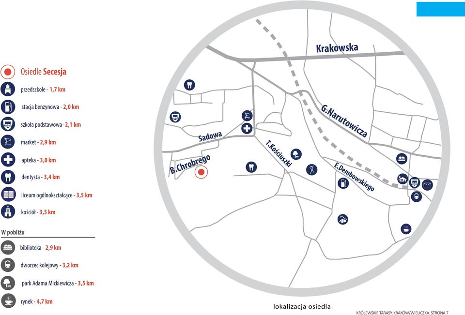 ogólnokształcące - 3,5 km kościół - 3,5 km apteka - 3,0 km Sadowa B.Chrobrego dentysta park Adama - 3,4 Mickiewicza km - 3,5 km T.Kościuszki E.