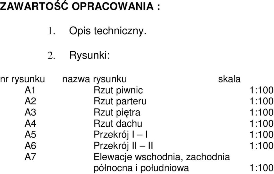 parteru 1:100 A3 Rzut piętra 1:100 A4 Rzut dachu 1:100 A5 Przekrój I