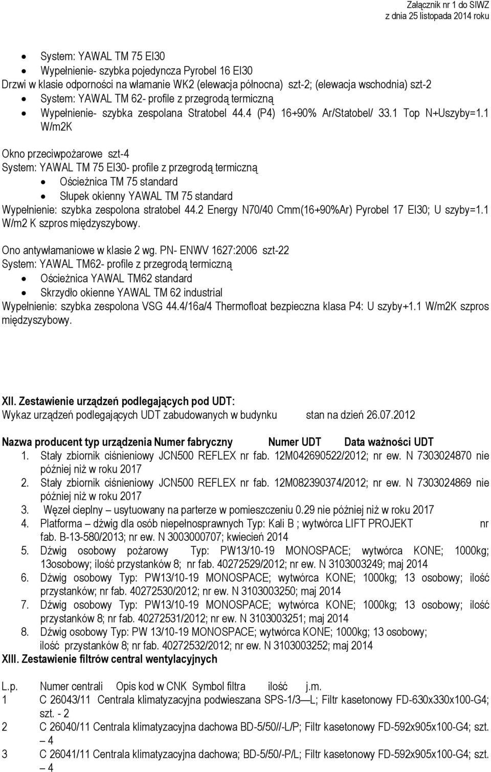 1 W/m2K Okno przeciwpożarowe szt-4 System: YAWAL TM 75 EI30- profile z przegrodą termiczną Ościeżnica TM 75 standard Słupek okienny YAWAL TM 75 standard Wypełnienie: szybka zespolona stratobel 44.