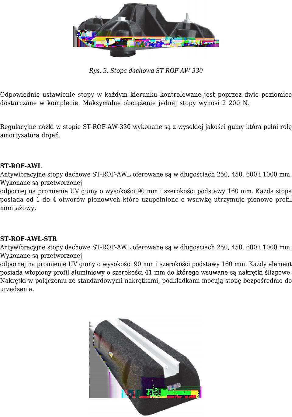 ST-ROF-AWL Antywibracyjne stopy dachowe ST-ROF-AWL oferowane są w długościach 250, 450, 600 i 1000 mm.